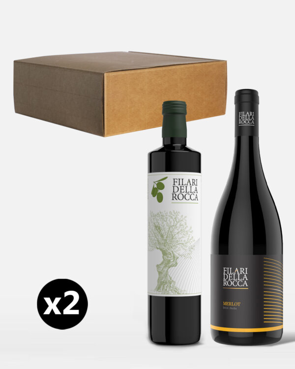 Geschenkbox 2 sizilianische Produkte: 1 Flasche natives Olivenöl extra BIO ab 0,75; Eine Flasche Merlot Filari della Rocca D.O.C. 75cl.