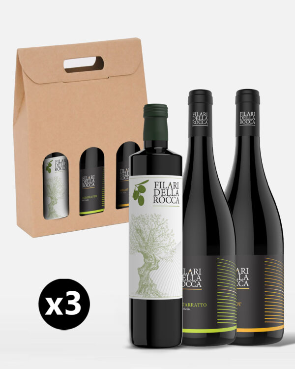 Box of 3 Sicilian products consisting of: 1 extra virgin olive oil BIO of 0.75 l; 1 Catarratto D.O.C. 75 cl; 1 Merlot D.O.C. 75 cl.